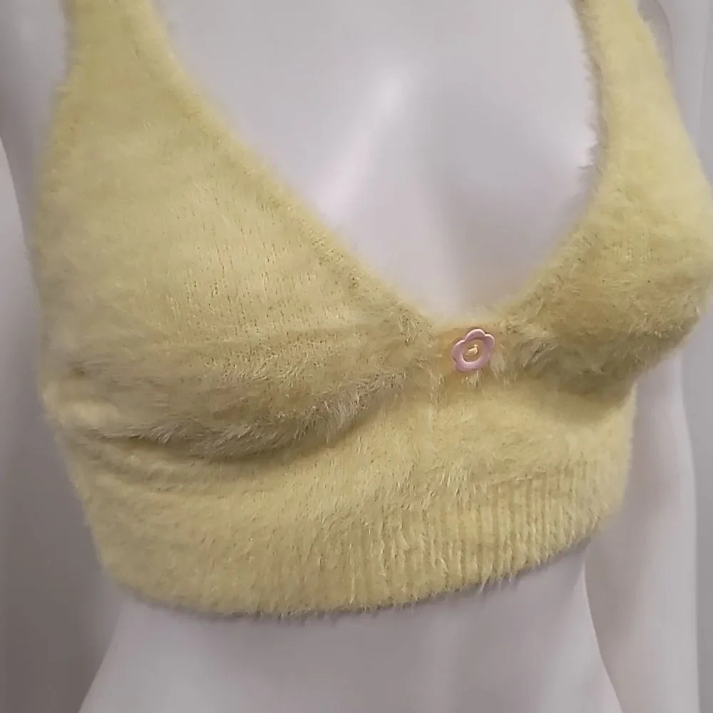 For Love And Lemons Devon Fuzzy Sleeveless Crop Top S Yellow NWT Mohair - Picture 5 of 11